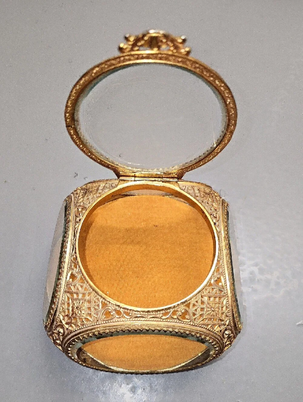 Vintage Ormolu Jewelry Casket Yellow Velvet Beveled Glass Trinket Box